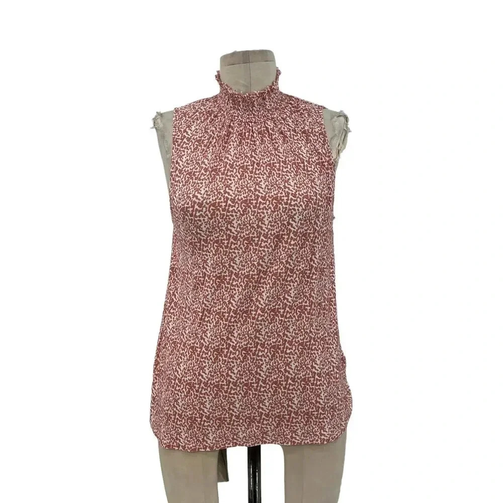 Nation LTD Winona Victorian Mock Neck Top Leopard Cheetah Print Coral Size Small